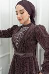 Naomi Kemer V Yaka İçi Taş Detay Tül Kloş Tesettür Abiye Mor Mor