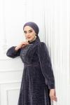 Naomi Kemer V Yaka İçi Taş Detay Tül Kloş Tesettür Abiye Koyu Lila Koyu Lila