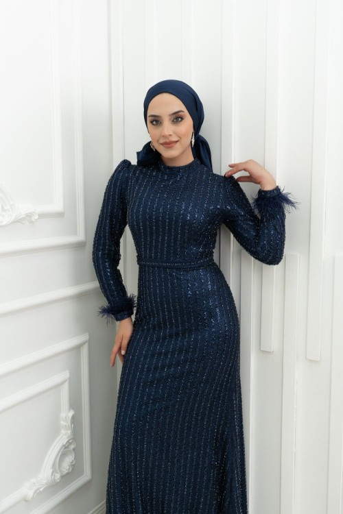 Dilara Boncuk Pul İşlemeli  Bilek Tüy Detay Kalem Tesettür Abiye Lacivert Lacivert
