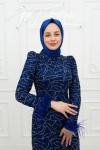 Mina Bilek Tüy Detay Taş İşlemeli Kalem Tesettür Abiye Saks Mavisi Saks Mavisi
