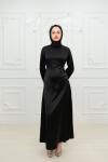 Eva Belden Şerit Bağlamalı Sade Tesettür Abiye Siyah Siyah