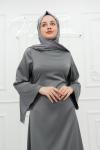 Eva Belden Şerit Bağlamalı Sade Tesettür Abiye Gri Gri