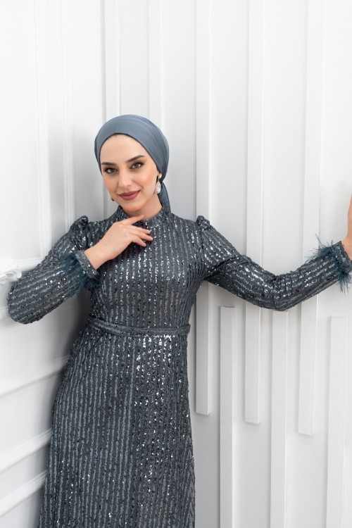 Ravza Bilek Tüy Detay Pul Şeritli Kalem Tesettür Abiye Antrasit Antrasit