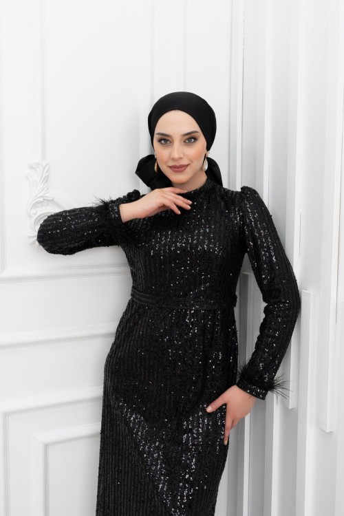 Ravza Bilek Tüy Detay Pul Şeritli Kalem Tesettür Abiye Siyah Siyah