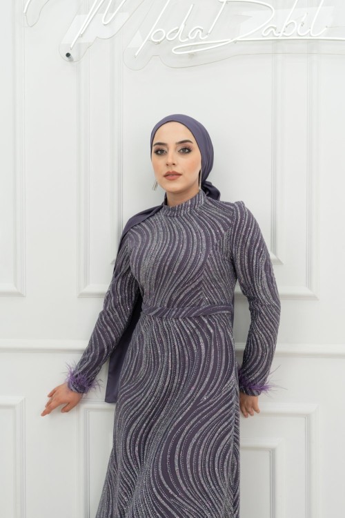 Melda Kol Tüy Detay Simli Tesettür Balık Abiye Lila Lila