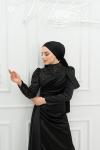 Efil Drape Detay Kol ve Göğüs Taşlı Saten Kalem Tesettür Abiye Siyah Siyah