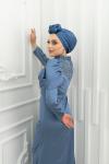 Efil Drape Detay Kol ve Göğüs Taşlı Saten Kalem Tesettür Abiye İndigo İndigo