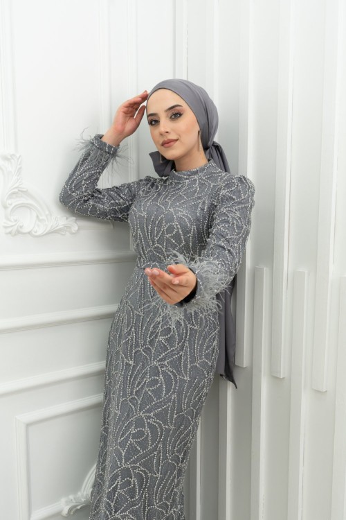 Minari Bilek Tüy Detay Taş İşlemeli Kalem Tesettür Gri Gri