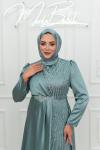 Ceylin Ful Taş İşlemeli Bel Taş Detay Pelerinli Saten Kalem Tesettür Abiye Mint Yeşili Mint Yeşili