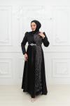 Ceylin Ful Taş İşlemeli Bel Taş Detay Pelerinli Saten Kalem Tesettür Abiye Siyah Siyah