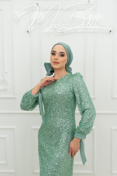 Yelda Kol Fiyonk Detay Taşlı Tül Kalem Tesettür Abiye Mint Yeşili Mint Yeşili