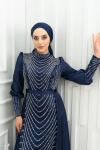Koven Ful Taş Detay Balon Kol Pelerinli Saten Kalem Tesettür Abiye Lacivert Lacivert