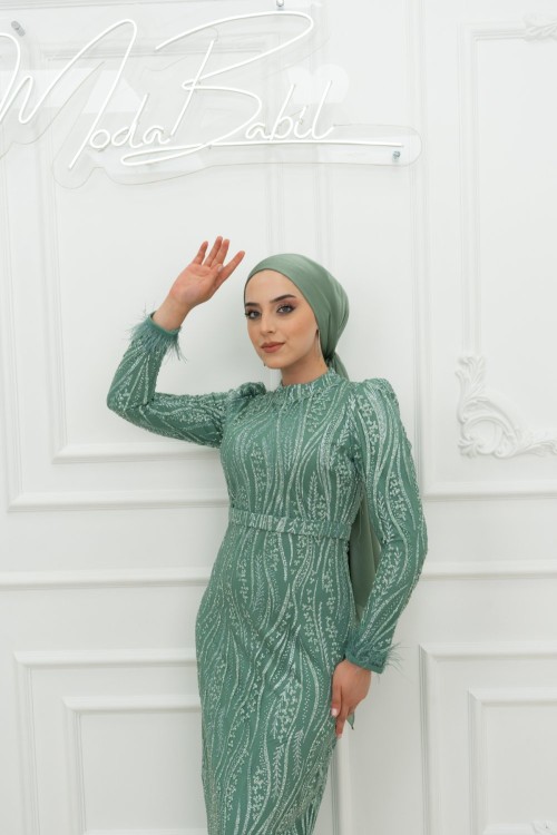 İnna Bilek Tüy Detay Taş İşlemeli Kalem Tesettür AbiyeMint Yeşili Mint Yeşili