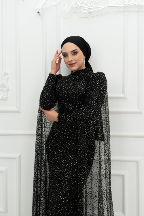 Selma Ful Taşlı Kol Pelerin Detay Balık Tesettür Abiye Siyah Siyah