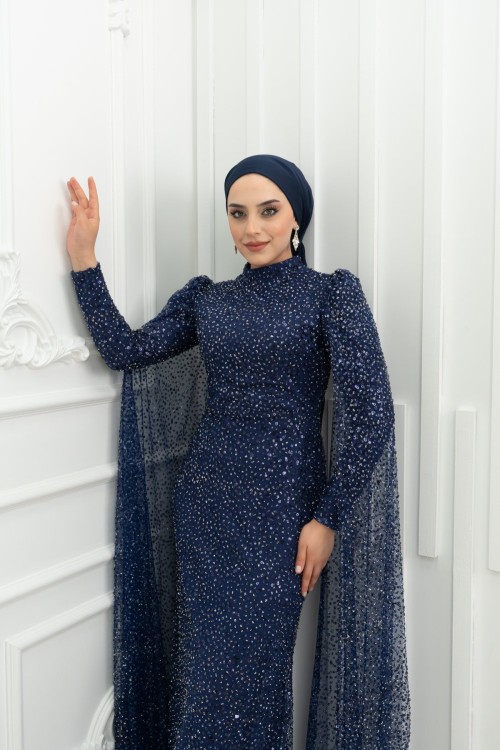 Selma Ful Taşlı Kol Pelerin Detay Balık Tesettür Abiye Lacivert Lacivert