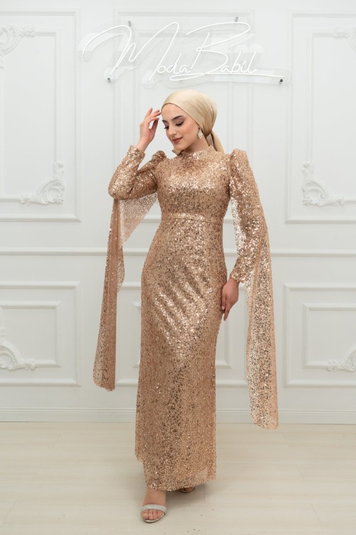 Didem Ful Taşlı Kol Pelerin Detay Kalem Tesettür Abiye Gold Gold