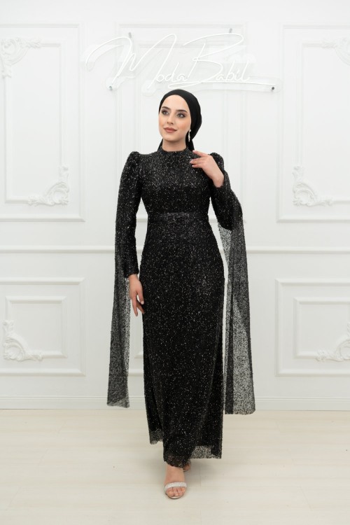Didem Ful Taşlı Kol Pelerin Detay Kalem Tesettür Abiye Siyah Siyah