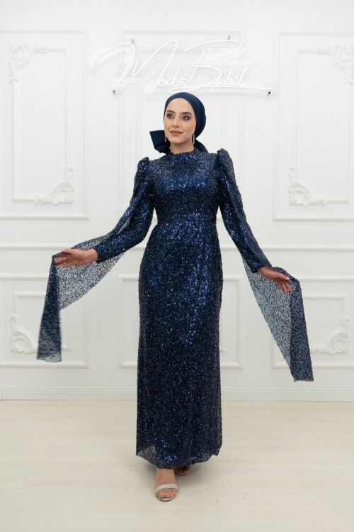 Didem Ful Taşlı Kol Pelerin Detay Kalem Tesettür Abiye Lacivert Lacivert
