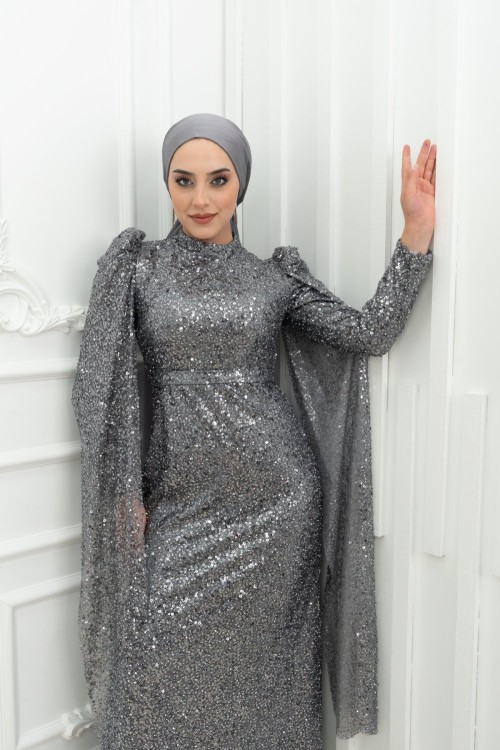 Didem Ful Taşlı Kol Pelerin Detay Kalem Tesettür Abiye Gri Gri
