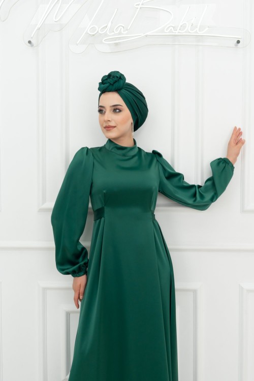 Lina Bel Bağlamalı Sade Tesettür Abiye Zümrüt Zümrüt