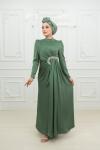 Ebruli Bel Yan Taş Detay Kalem Tesettür Abiye  Mint Yeşili Mint Yeşili