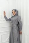 Ceylin Ful Taş İşlemeli Bel Taş Detay Pelerinli Saten Kalem Tesettür Abiye Gri Gri