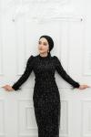 Selda Kol Tüy Detay Sim ve taş işleme Tül Tesettür Kalem Abiye Siyah Siyah