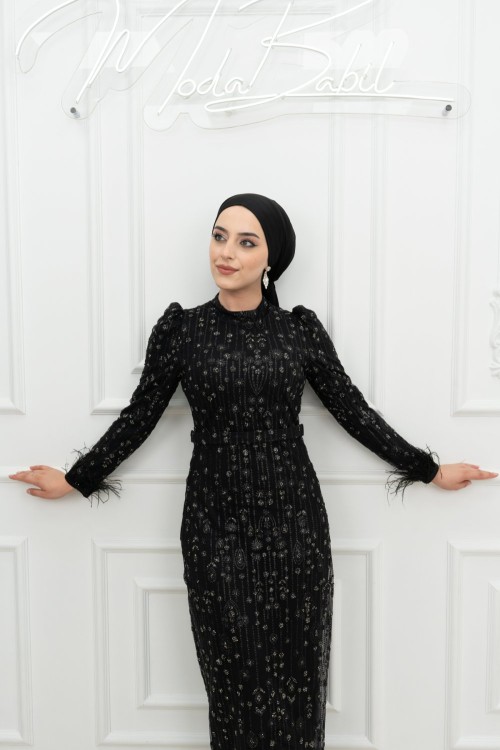 Selda Kol Tüy Detay Sim ve taş işleme Tül Tesettür Kalem Abiye Siyah Siyah