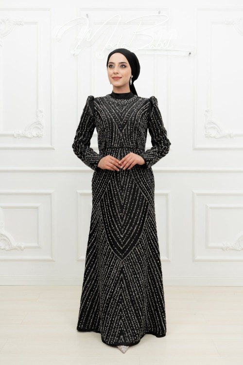 Lizbon Ful Taşlı Soho Kumaş Çan Model Tesettür Abiye Siyah Siyah