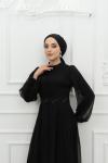 Nisan Taş Detay Kemerli Balon Kol Janjan Kumaş Kloş Tesettür Abiye Siyah Siyah