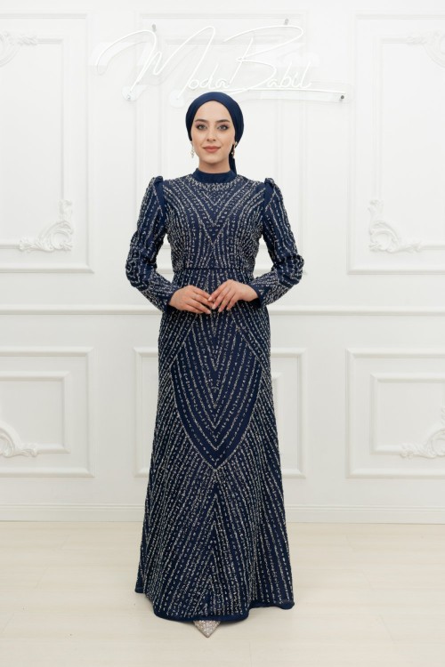 Lizbon Ful Taşlı Soho Kumaş Çan Model Tesettür Abiye Lacivert Lacivert