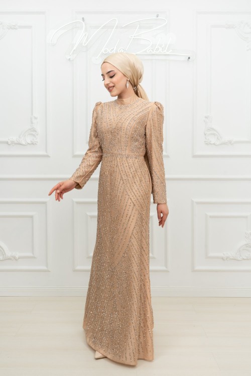 Lizbon Ful Taşlı Soho Kumaş Çan Model Tesettür Abiye Gold Gold