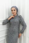 Mina Bilek Tüy Detay Taş İşlemeli Kalem Tesettür Abiye Gri Gri