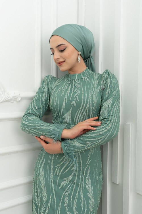 Hazal Bilek Tüy Detay Taş İşlemeli Kalem Tesettür Abiye Mint Yeşili Mint Yeşili