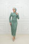 Hazal Bilek Tüy Detay Taş İşlemeli Kalem Tesettür Abiye Mint Yeşili Mint Yeşili