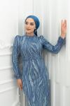 Hazal Bilek Tüy Detay Taş İşlemeli Kalem Tesettür Abiye İndigo İndigo