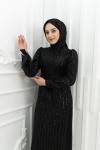  Benda Kol Fiyonk Detay Tül Boncuk Ve Pul İşlemeli Kalem Tesettür Abiye Siyah Siyah