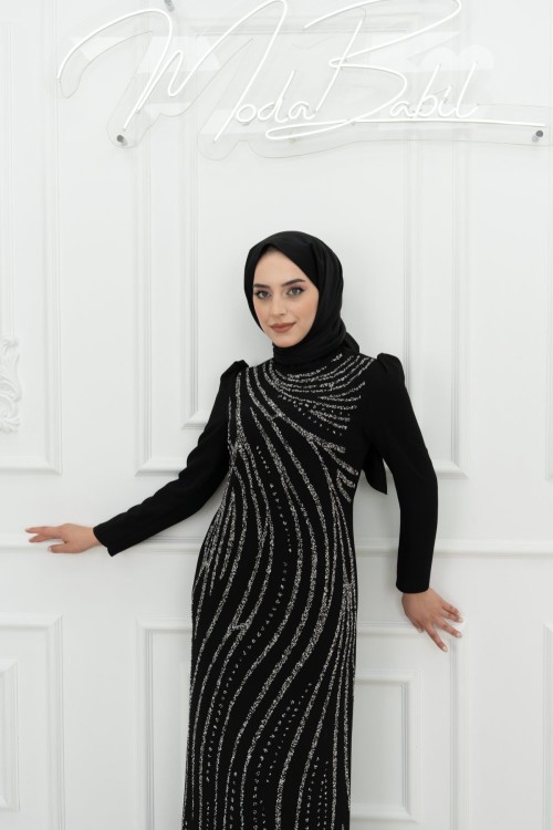 Zella Ful Taş Detay Krep Tesettür Kalem Abiye Siyah Siyah