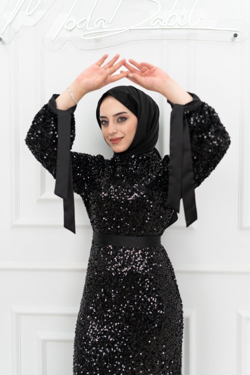 Bonita Kol Fiyonk Detay Pul İşlemeli Tül Kalem Tesettür Abiye Siyah Siyah