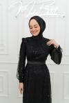 Tessa Fiyonk Detay Tül Boncuk Pul İşlemeli Kalem Tesettür Abiye Siyah Siyah