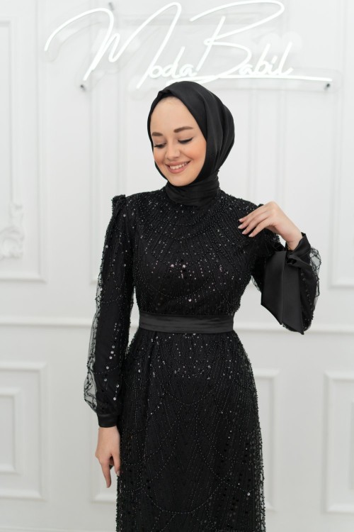 Tessa Fiyonk Detay Tül Boncuk Pul İşlemeli Kalem Tesettür Abiye Siyah Siyah