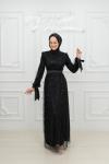 Tessa Fiyonk Detay Tül Boncuk Pul İşlemeli Kalem Tesettür Abiye Siyah Siyah