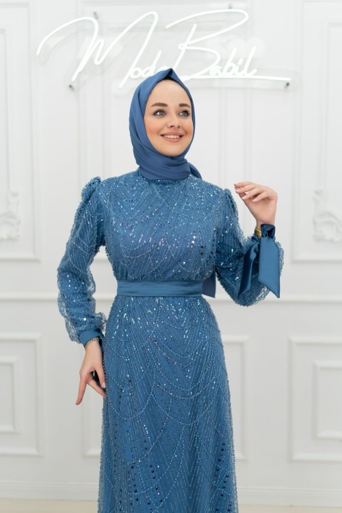 Tessa Fiyonk Detay Tül Boncuk Pul İşlemeli Kalem Tesettür Abiye İndigo İndigo