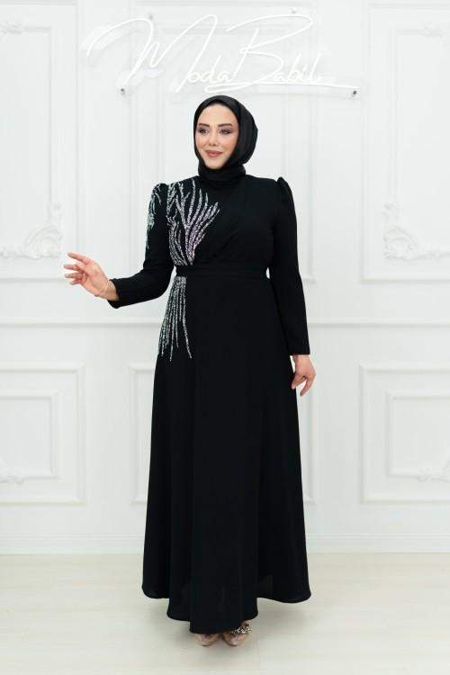 Mazel Omuz Ve Göğüs Taşlı Krep Kloş Tesettür Abiye Siyah  Siyah