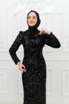  Maria Bel Büzgü Detay Pul Payet Tesettür Kalem Abiye Siyah Siyah