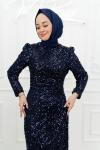 Maria Bel Büzgü Detay Pul Payet Tesettür Kalem Abiye Lacivert Lacivert
