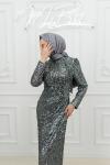  Maria Bel Büzgü Detay Pul Payet Tesettür Kalem Abiye Gri Gri