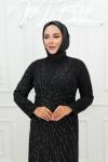 Yonca Kol Ve Beden Taşlı Boncuklu Kalem Krep Tesettür Abiye Siyah Siyah