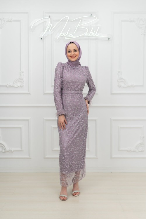 Mina Bilek Tüy Detay Taş İşlemeli Kalem Tesettür Abiye Lila Lila