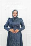Reyhan Ful Taş Detay Saten Pelerinli Kalem Tesettür Abiye İndigo İndigo